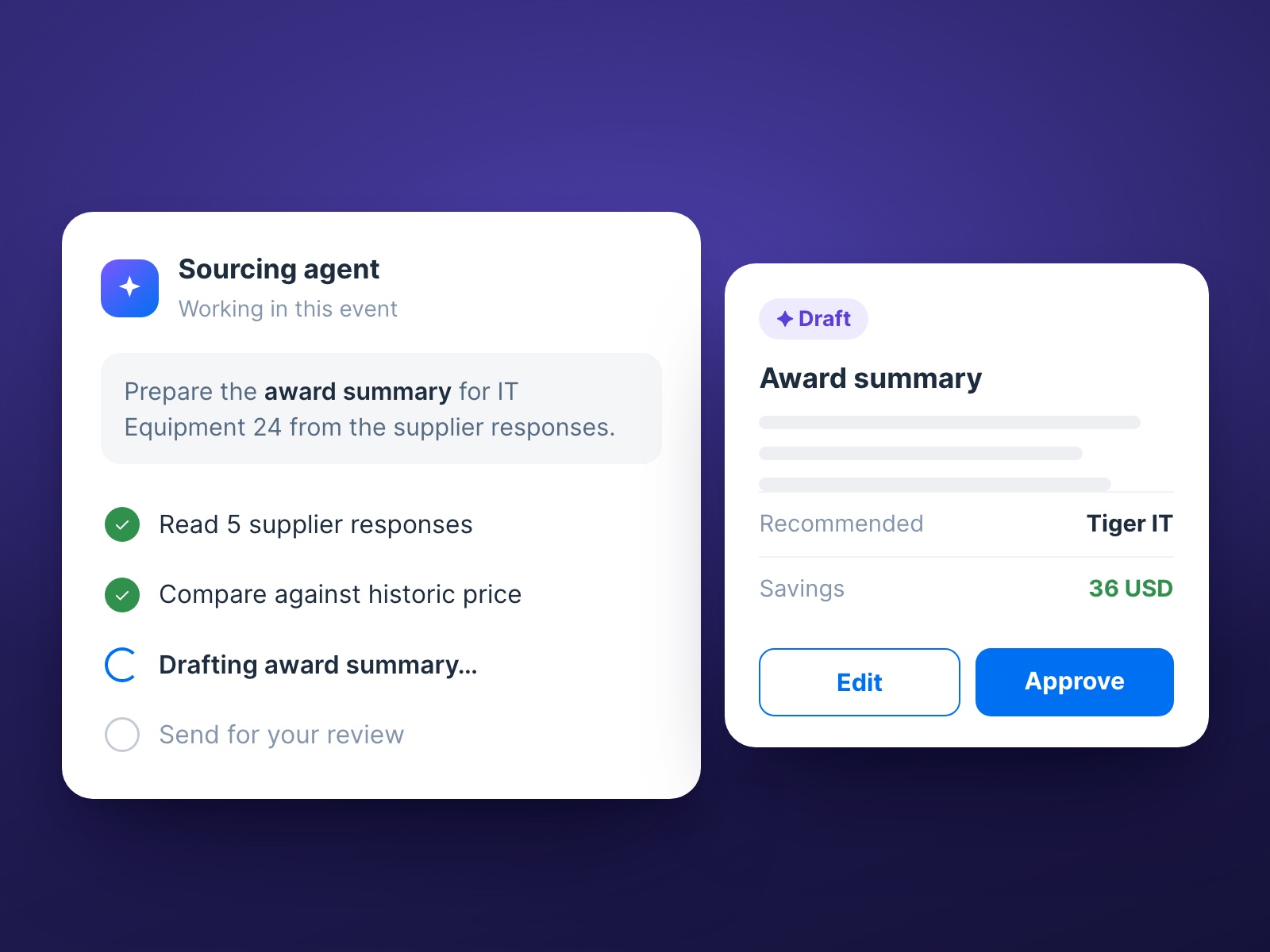 An AI agent working inside an Ariba sourcing event: it has read five supplier responses, compared them against historic price, and is drafting an award summary for the buyer to edit or approve.