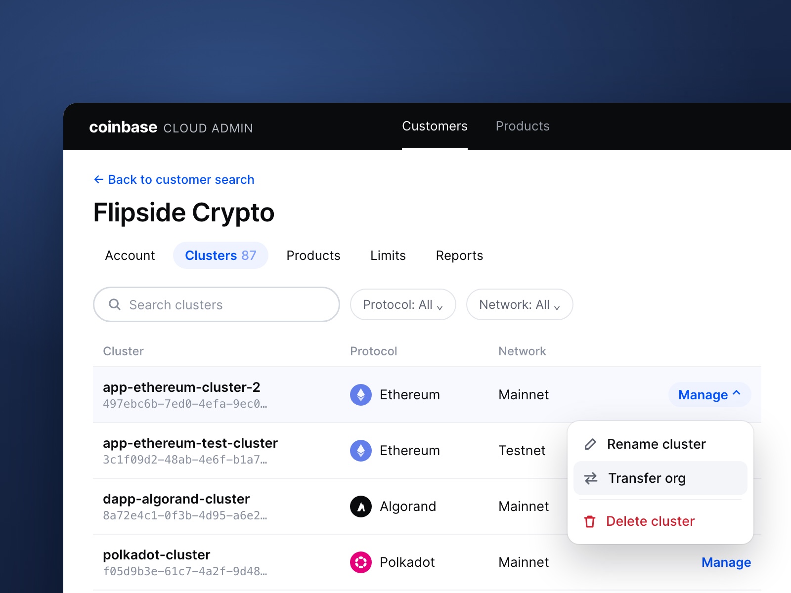 Coinbase Cloud Admin: a customer's clusters listed by protocol and network, with one cluster's Manage menu open to rename, transfer or delete it
