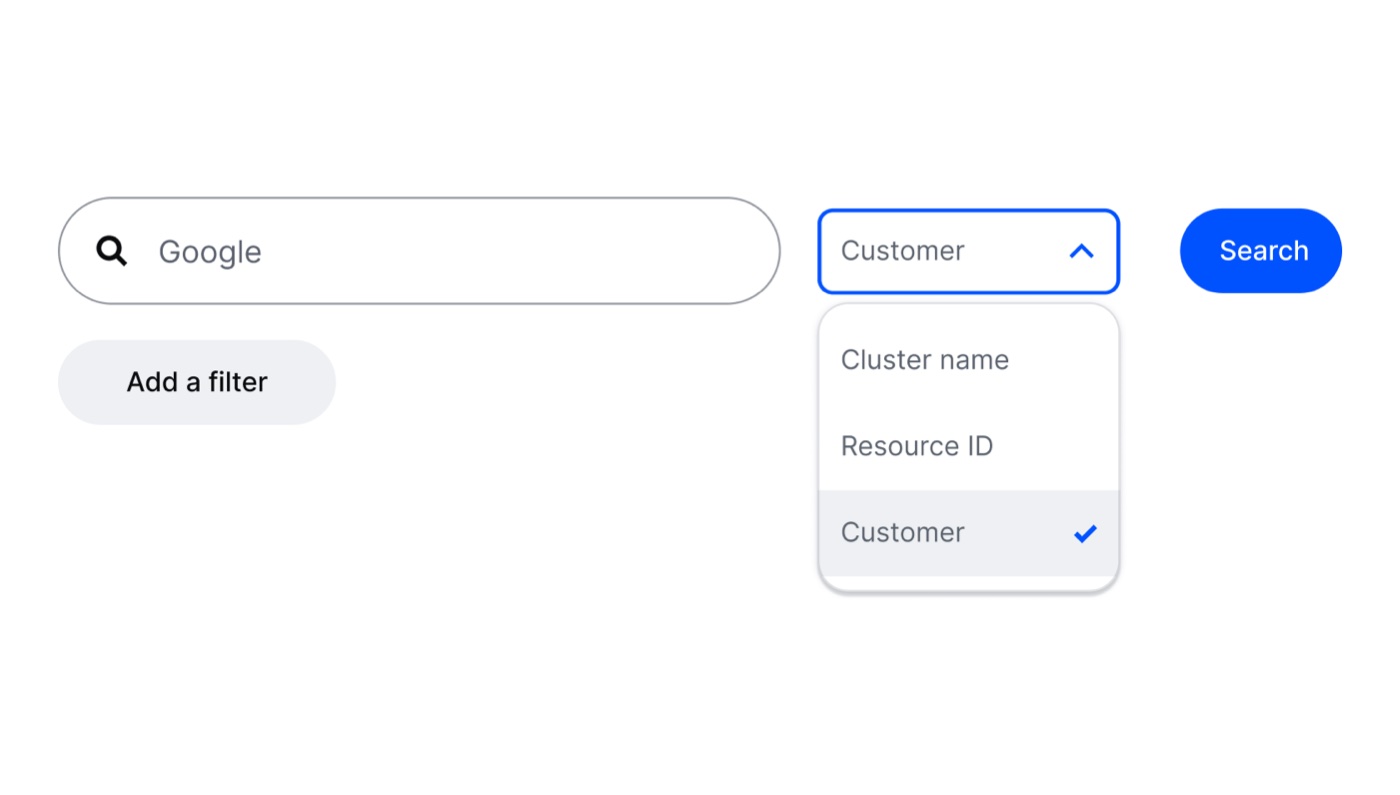 Exploration two: a query builder with a search field, a dropdown to pick cluster name, resource ID or customer, and an add a filter button.